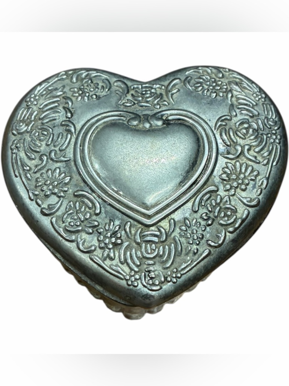 Vintage Glass Heart Shaped Trinket Dish w/ Silver Tone Lid